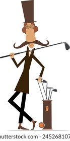 Funny long mustache man plays golf. 
Golf course. Cartoon long mustache gentleman in the top hat with golf club and golf bag. Isolated on white background
