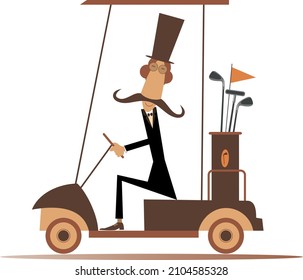 Funny long mustache man rides the golf cart illustration. Cartoon long mustache gentleman in the top hat is going to play golf in the golf cart isolated on white