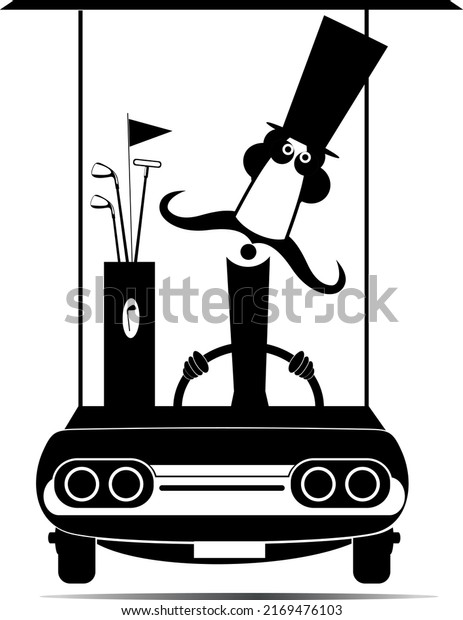 Funny long mustache man rides the\
golf cart illustration. Cartoon long mustache gentleman in the top\
hat is going to play golf in the golf cart black on\
white