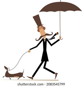 Funny long mustache with umbrella and dog illustration. Cartoon long mustache man in the top with umbrella walking with a dog isolated on white
