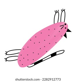 Funny long stretching cat. Doodle art. Simple pink minimalist cat lying. Stylish clipart for children's and teenage clothes and print. Gradient or watercolor effect. A cute animal character. Isolated.