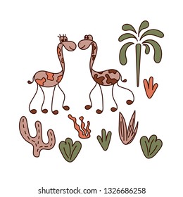Funny long-necked animals, palm trees, plants. Vector illustration