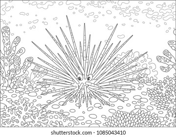 Funny long-spine sea urchin among corals on a reef in a tropical sea, black and white vector illustration in a cartoon style for a coloring book