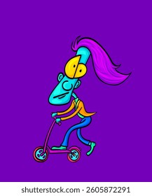 Funny looking character riding a scooter cartoon