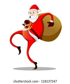 Funny looking Santa Claus carrying big brown bag, vector illustration