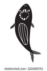 Funny looking shark with wide open mouth, showing teeth. Cute vector illustration in silhouette style