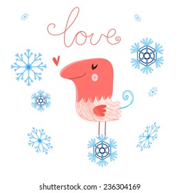 funny love with bird on a white background with snowflakes
