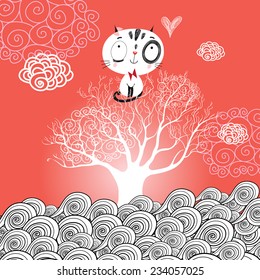 funny love with a cat on a tree on a red background 