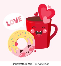 Funny love characters red coffee mug and donut. Sweet romantic couple feel happy and joyful. Hearts characters as symbols and concept love. Banner or card for valentine's day. Vector flat illustration