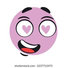 Funny love emoticon. Charming purple character with hearts in his eyes. Sticker for social media and messengers. Communication and interaction on Internet, romance. Cartoon flat vector illustration