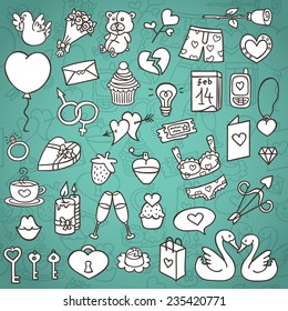 funny love icons set. vector doodle collection of hand drawn icons for Valentine's day with outline seamless pattern on background