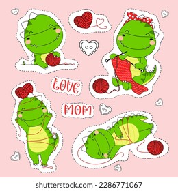 Funny Love Mom Dinosaur kids character , Cute T-Rex Mommy and Baby Dinosaurus With Knitting Hearts Collection Stickers Design For Mother's Day , Valentine's day  EPS.File vector illustration Doodle