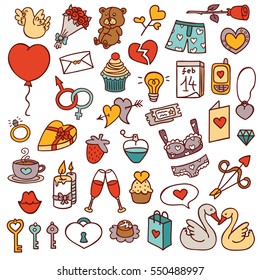 funny love set. vector doodle collection of hand drawn icons for scrapbook