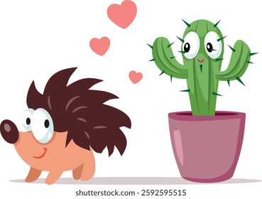 
Funny Love Story Between Cactus and Hedgehog Vector Cartoon. Atypical couple celebrating valentine day having fun
