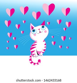 Funny love vector kitten with hearts on a blue background. Greeting card for Valentine's Day.