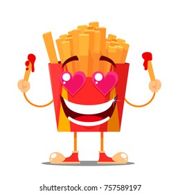 Funny lovely fast food character of fries potatoes with ketchup and beautiful smile, vector cartoon flat illustration isolated on white background