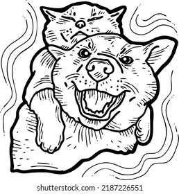 Funny lovely home animals happy playing together. For pet shop or kids room, logo design, party invitation, postcard for friend. Hand drawn illustration. Cartoon style character vector drawing.