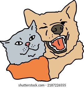 Funny lovely home animals happy playing together. For pet shop or kids room, logo design, party invitation, postcard for friend. Hand drawn illustration. Cartoon style character vector drawing.