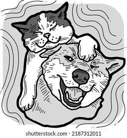 Funny lovely home animals happy playing together. For pet shop or kids room, logo design, party invitation, postcard for friend. Hand drawn illustration. Cartoon style character vector drawing.