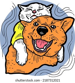 Funny lovely home animals happy playing together. For pet shop or kids room, logo design, party invitation, postcard for friend. Hand drawn illustration. Cartoon style character vector drawing.