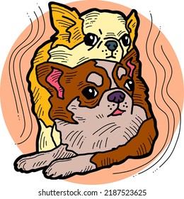 Funny lovely home animals happy playing together. For pet shop or kids room, logo design, party invitation, postcard for friend. Hand drawn illustration. Cartoon style character vector drawing.