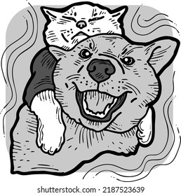 Funny lovely home animals happy playing together. For pet shop or kids room, logo design, party invitation, postcard for friend. Hand drawn illustration. Cartoon style character vector drawing.