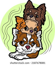 Funny lovely home animals happy playing together. For pet shop or kids room, logo design, party invitation, postcard for friend. Hand drawn illustration. Cartoon style character vector drawing.