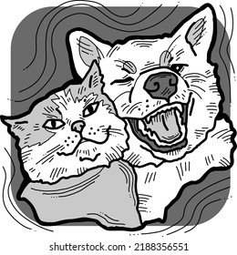 Funny lovely home animals happy playing together. For pet shop or kids room, logo design, party invitation, postcard for friend. Hand drawn illustration. Cartoon style character vector drawing.