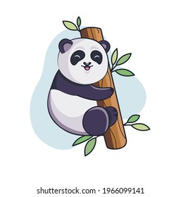 Funny lovely panda climbs on the bamboo.Black and white bear for design birthday cards, zoo ad, fashion print, stickers, invites, nature concept, children book.Animal in wild life.Vector illustration.