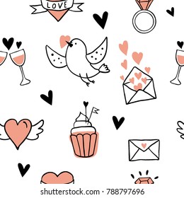 Funny lovely seamless pattern. Hand drawn background for Valentine's day or wedding.  Cute doodle illustration with hearts, bird, letter, cupcake, ring. Love, romantic
