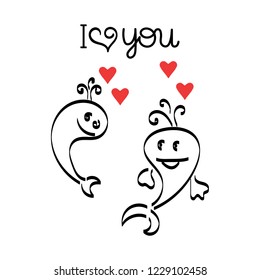 Funny loving dolphins. The writing I love you. Vector illustration