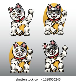 Funny lucky cat set vector illustration. Japanese Lucky Cat set
