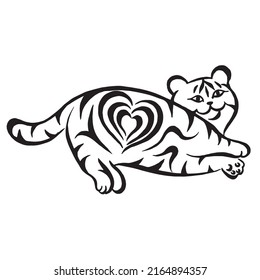 Funny lying cat with a heart on the side. illustration of a relaxing stripes cat. Kitten linear drawing. Cat silhouette drawing by hand. Animal vector image. Tattoo design.