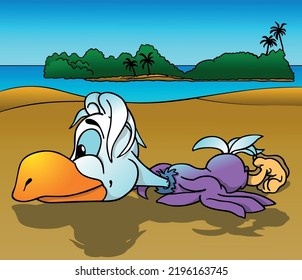 Funny Lying Parrot with White Head and Purple Body - Colored Cartoon Illustration with Background, Vector
