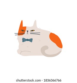 Gracioso gato blanco acostado con manchas rojas en corbata de arco aislado en fondo blanco. Simple ilustración vectorial plana. Caricatura para aplicaciones, impresión de stickers, afiches, etiquetas, invitaciones, tarjetas, camisetas.