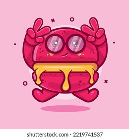 funny macaron bakery character mascot with peace sign hand gesture isolated cartoon in flat style design