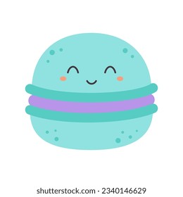 personaje de macarón gracioso aislado en segundo plano, estilo de caricatura, ilustración vectorial con macaron azul lindo sonriente, concepto de ícono de comida