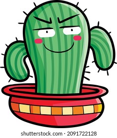 Carácter gracioso de cactus macho en una olla amarilla roja