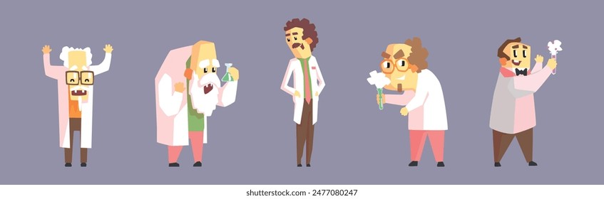 Funny Mad Scientist Man Character In Lab Coat Vector Set