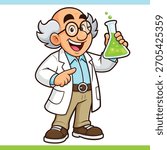 Funny mad scientist mascot vector illustration, genius professor cartoon character, friendly chemist 2d cartoon style