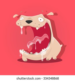 Funny mad slobbery dog with open mouth isolated on pink background