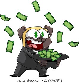 Funny Mafia Pug Cartoon Character with Dollar Sign Eyes and Money Rain. Vector Hand Drawn Illustration Isolated
On Transparent Background
