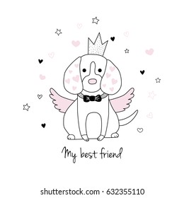 Funny magic fairy bigle dog princess with cute wings. Best animal friend vector illustration for ads, postcard, poster or t-shirt