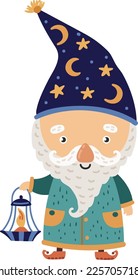 Funny magic gnome with lantern. Cute garden elf