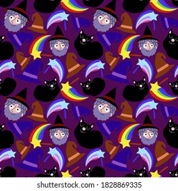 Funny magic halloween square seamless pattern. Cartoon wizards, witch hats, black cats and magic wands on violet seamless pattern. 
