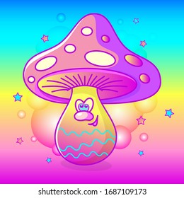 Funny magic mushroom fly agaric. Vivid psychedelic hallucinations 