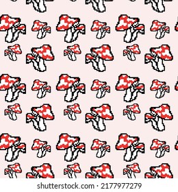 Funny magic mushroom pixel art seamless pattern. Vector doodle cartoon graphic illustration design. Trippy psilocybin magic mushroom pixel art,8 bit,16 bit style print seamless pattern concept