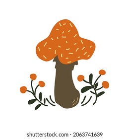 Gracioso hongo mágico a taburete. Una planta mística para una poción. champiñones y bayas. Ilustración vectorial en estilo de dibujos animados planos