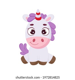 Funny magic sitting unicorn. Cute magical unicorn cartoon character for print, cards, baby shower, invitation, wallpapers, decor. Bright colored childish stock vector illustration.