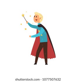 Funny magician in long mantle standing with magic wand in hand. Circus performer. Colorful flat vector design